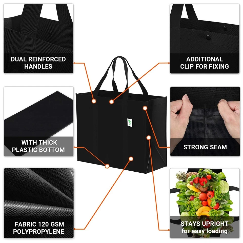6 Pack Black Reusable Grocery Bags Extra Large Foldable 50+ Lbs Totes Set