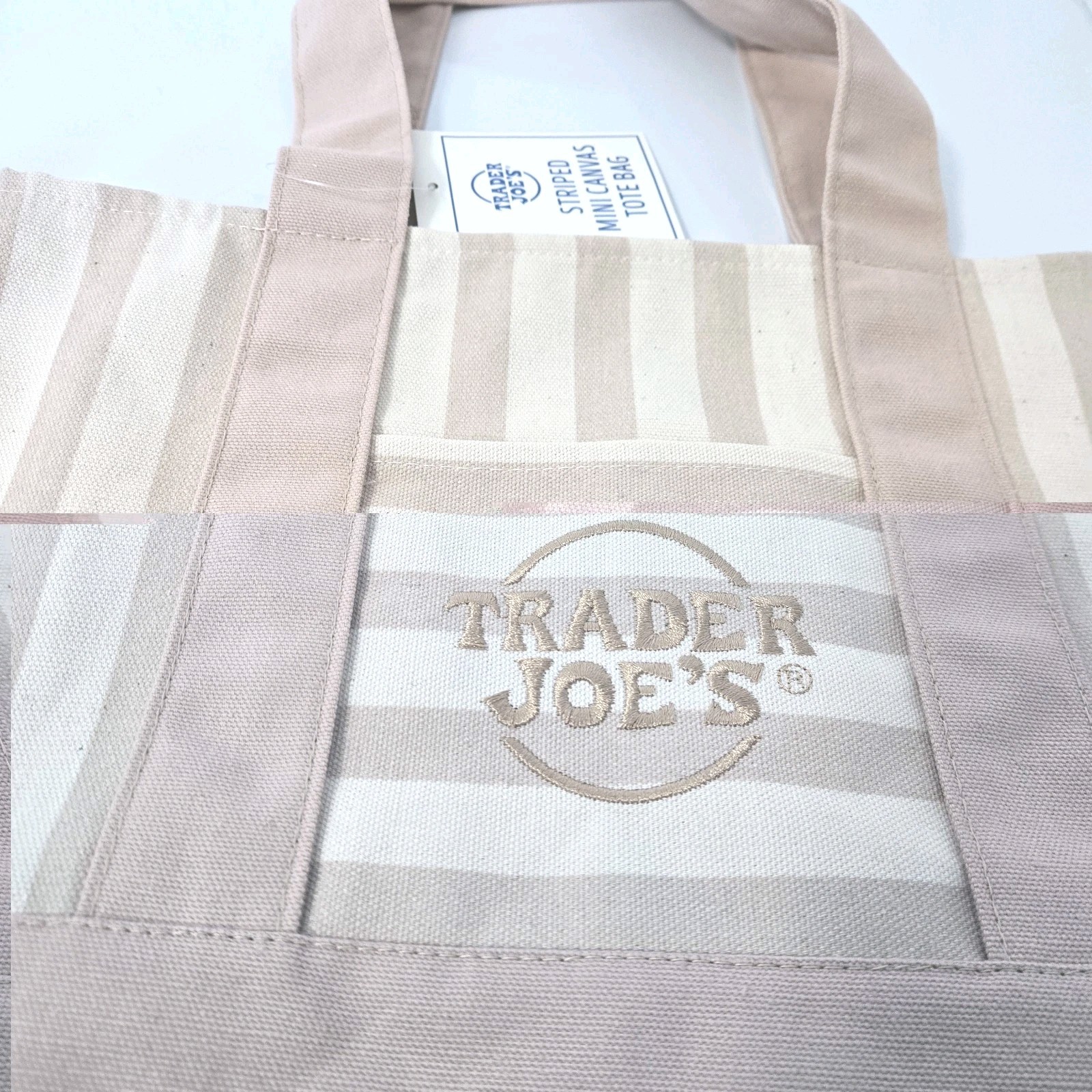 TRADER JOE’S MINI PASTEL STRIPE CANVAS TOTE BAGS SET Of 2 BLUE BEIGE NWT