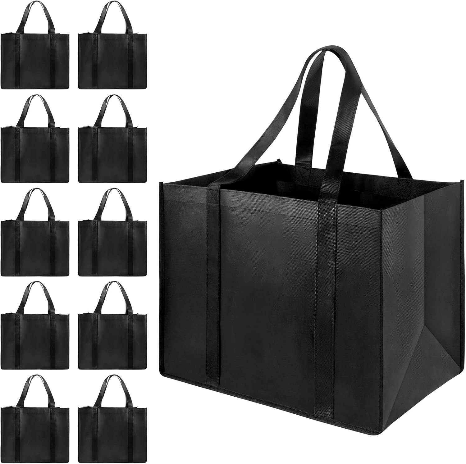 10 Pack Reusable Grocery Bags Heavy Duty XL Tote Foldable Washable Black