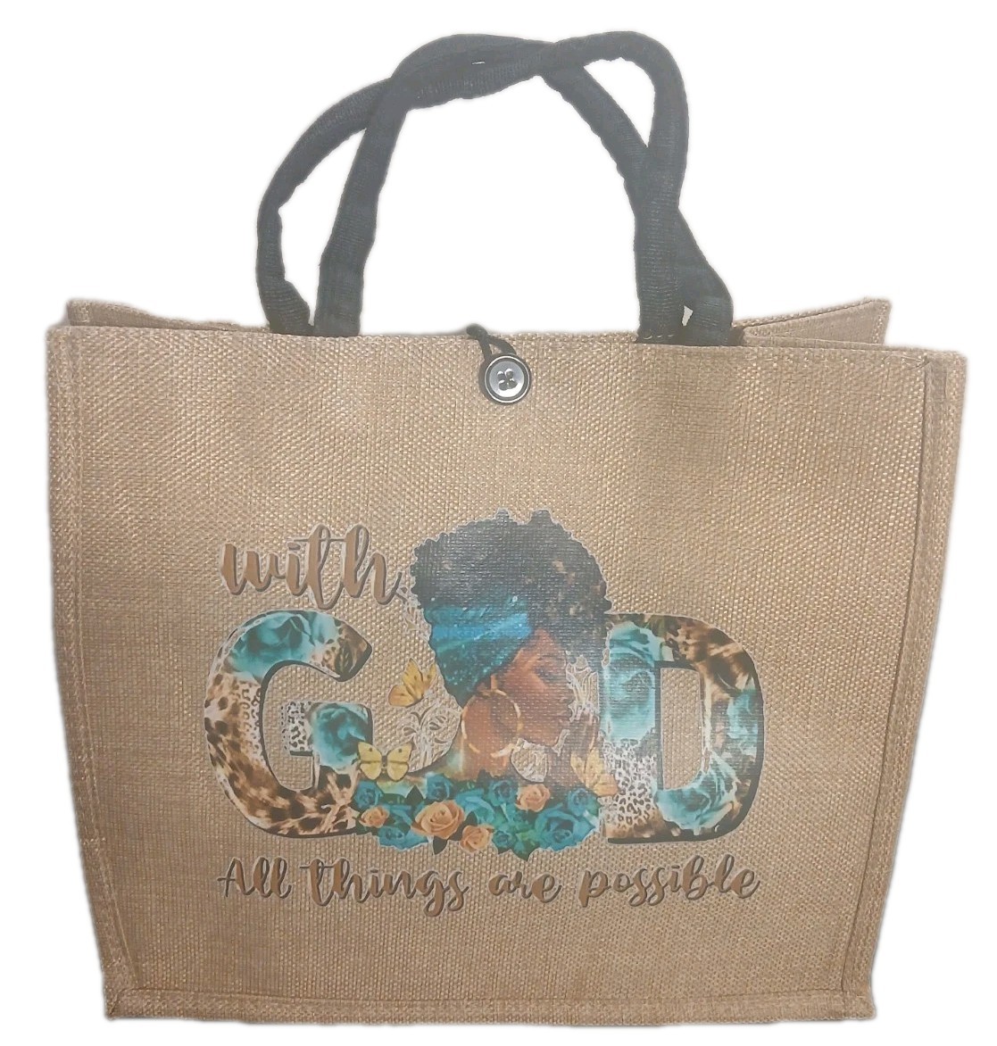 Reusable Jute Tote Shopping Bag, Beige Black Multicolor, Religious Quote