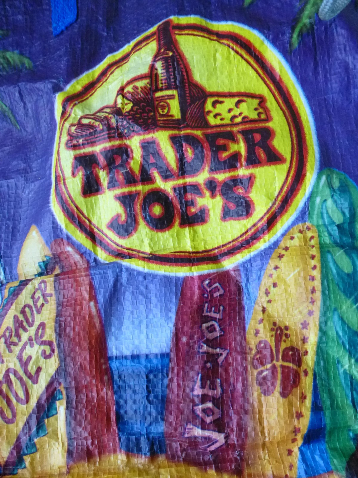 Trader Joes Reusable Grocery Bag Beach Surfboard Tropical Tote Palm Tree Plastic