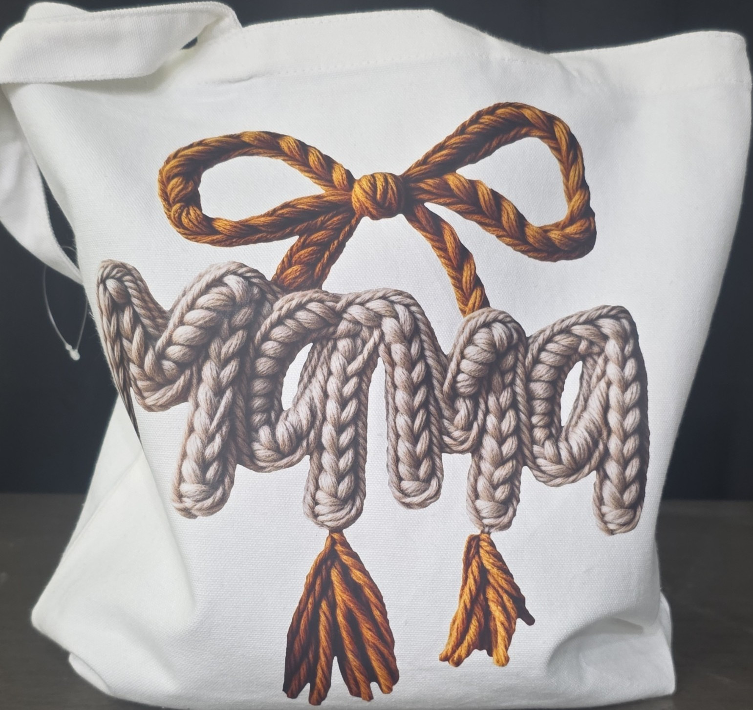 Foldable White Canvas Tote Bag “Mama W/ Rope Bow Tassel Knit” Print