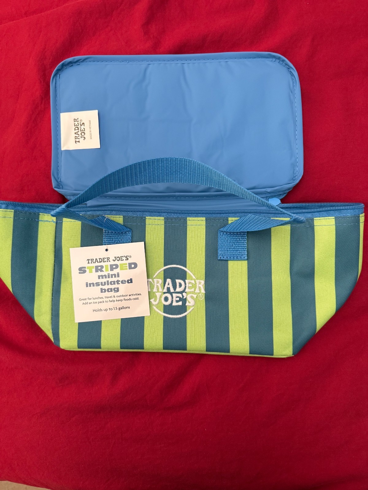 🔥 Trader Joe’s Mini Insulated Bag 1.5 Gallons Neon Lime Blue Stripe Limited 🔥
