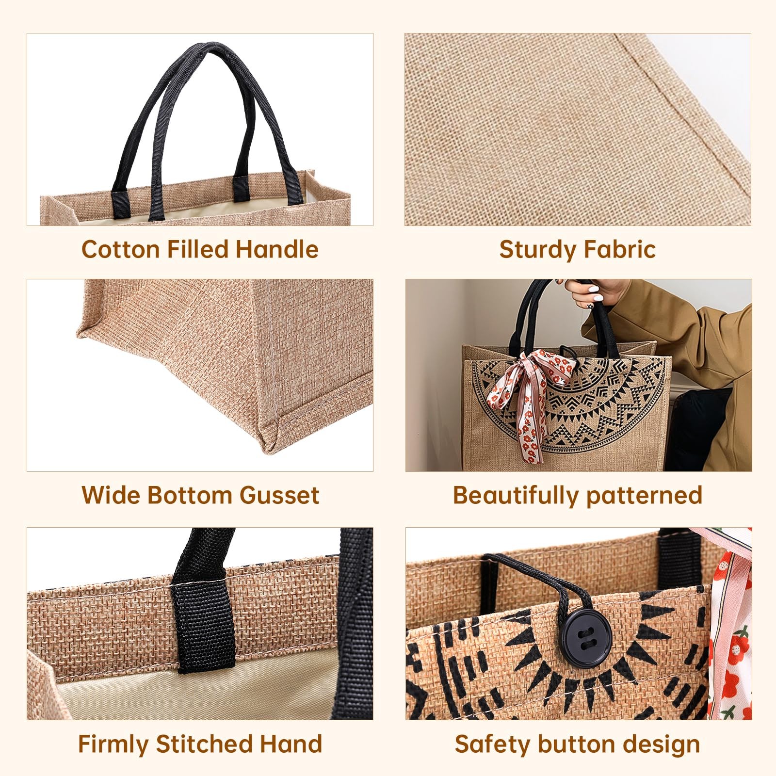 Jute Tote Bags for Women14”x12” Large Burlap Tote Bag with Laminated Interi…