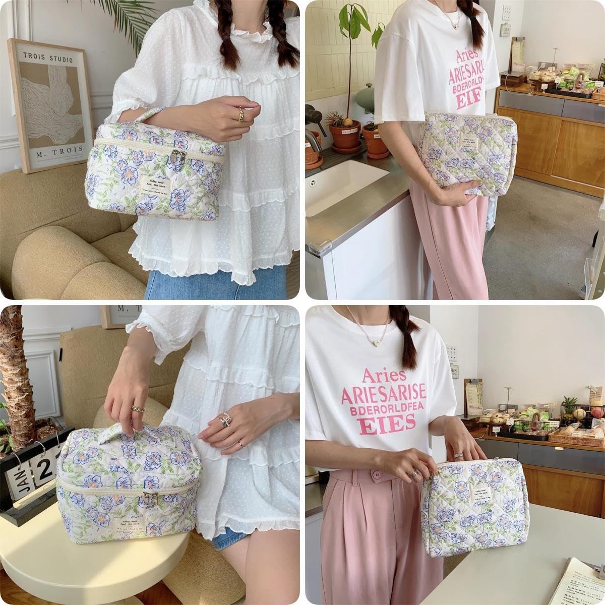 Fcteap Makeup Bag Travel Essentials Quilted Cosmetic Toiletry Large, Flower
