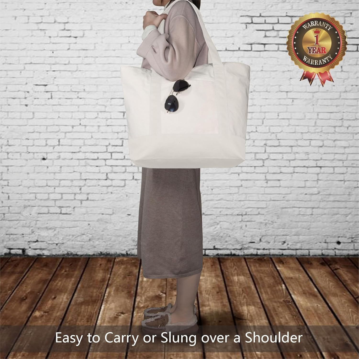 6-Pack Reusable Canvas Tote Bags with Zipper & Pocket – Natural Color