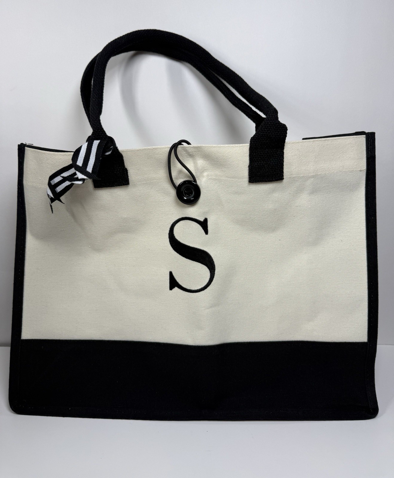 Monogram S Reusable Tote Shopping Bag Black Beige Foldable inside Zip Pocket