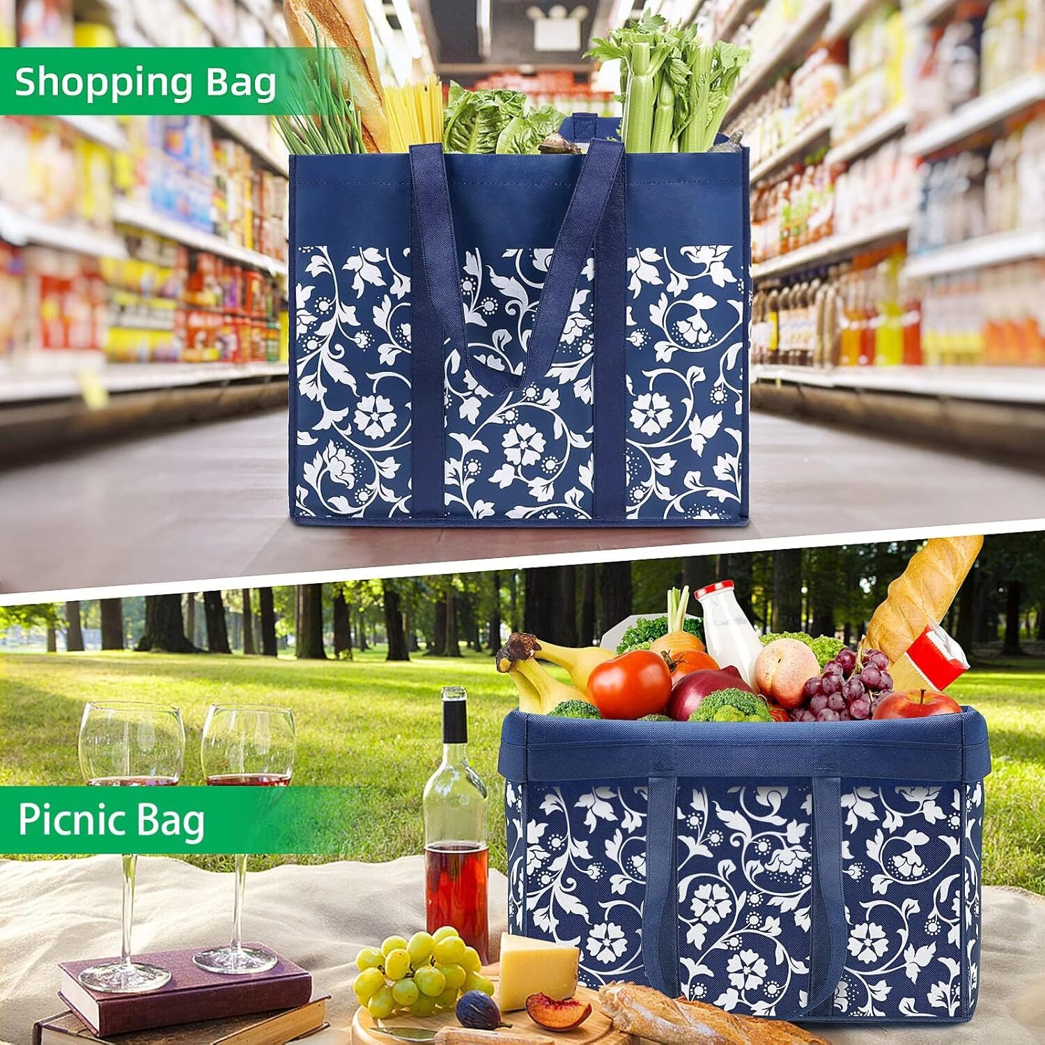 WOWBOX Reusable Grocery Bags Foldable Tote Bags Bulk with Reinforced Handles Sho