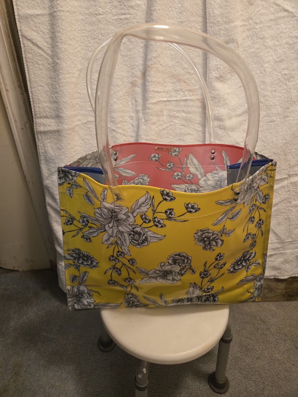 Large Multicolor Floral Foldable Plastic Reusable Shopping Bag Clear Handles