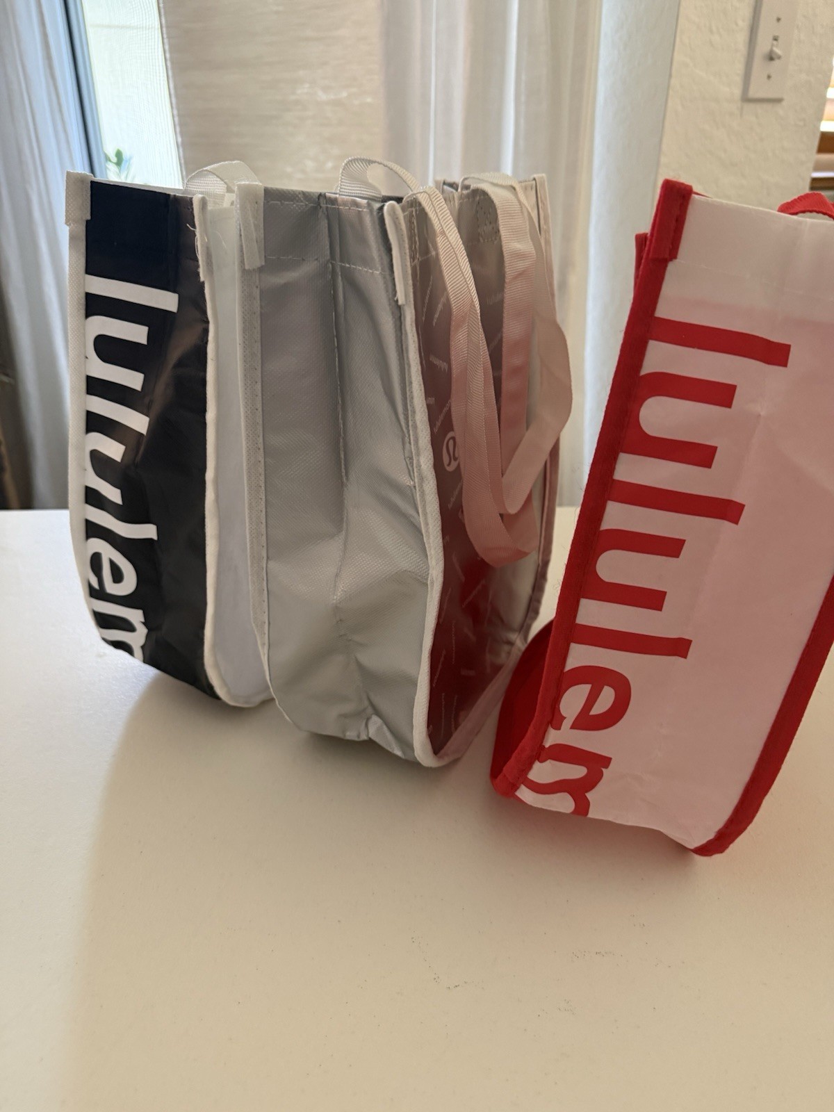 Lululemon Reusable Shopping Tote Bag Set Of 3 12”x9” Red, Silver Black And White