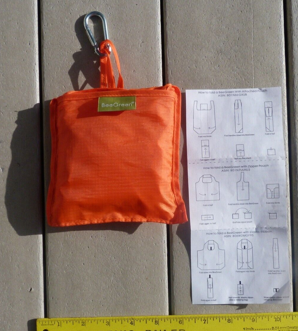 BeeGreen Reusable Tote Bag Folds into Attached Pouch Bright Orange NEW