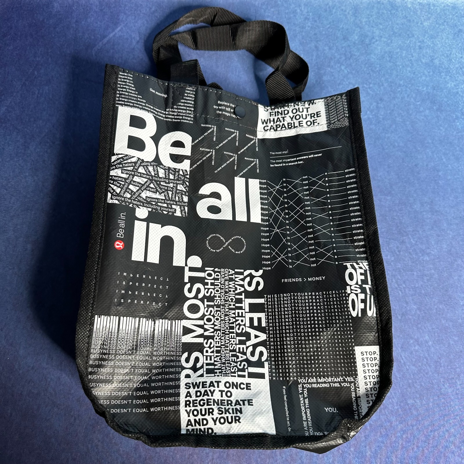 Lululemon Lot of 2 Small Reusable Shopping Tote Bags Forest Green & Be All Print