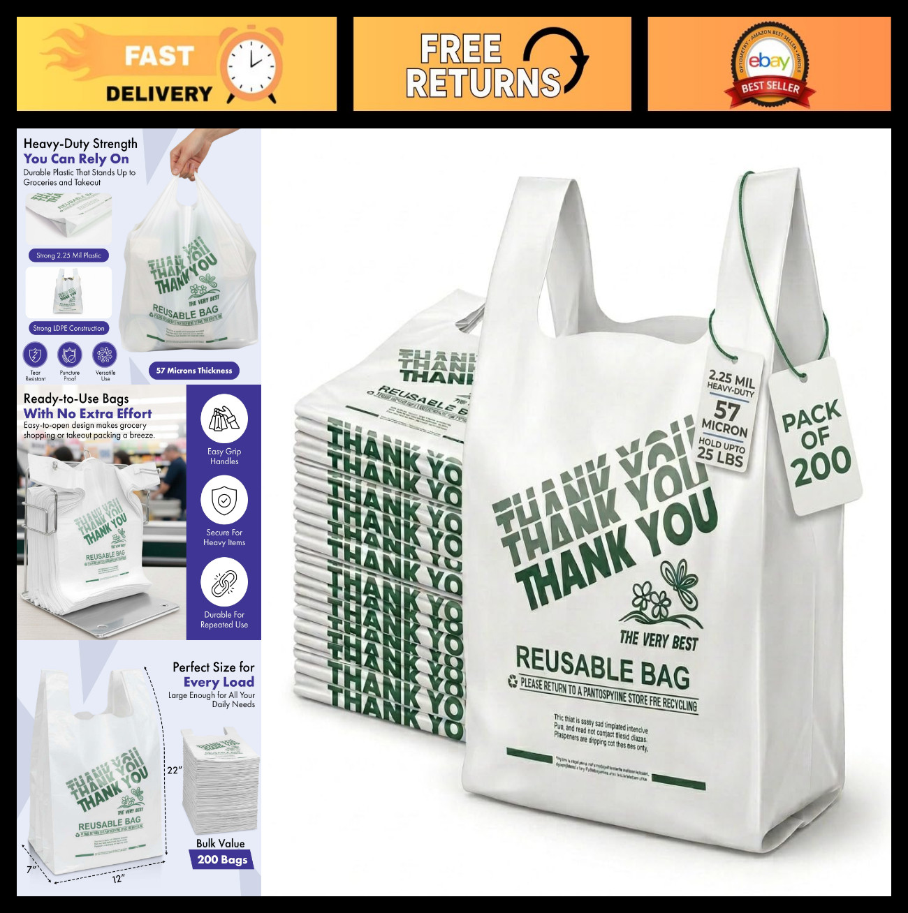 Heavy Duty Reusable Plastic Grocery Bags | 200 Pack 12″x7″x22″ | 55 Micron LDPE