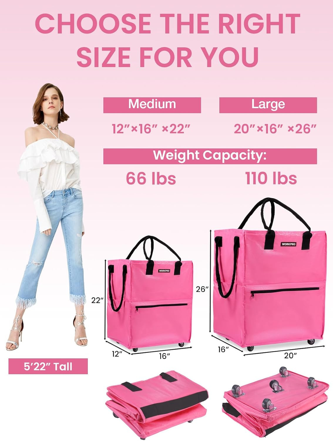 Large Rolling Grocery Bag, 36-Gallon Tote with 5 Wheels, 110 Lbs Capacity, Dual