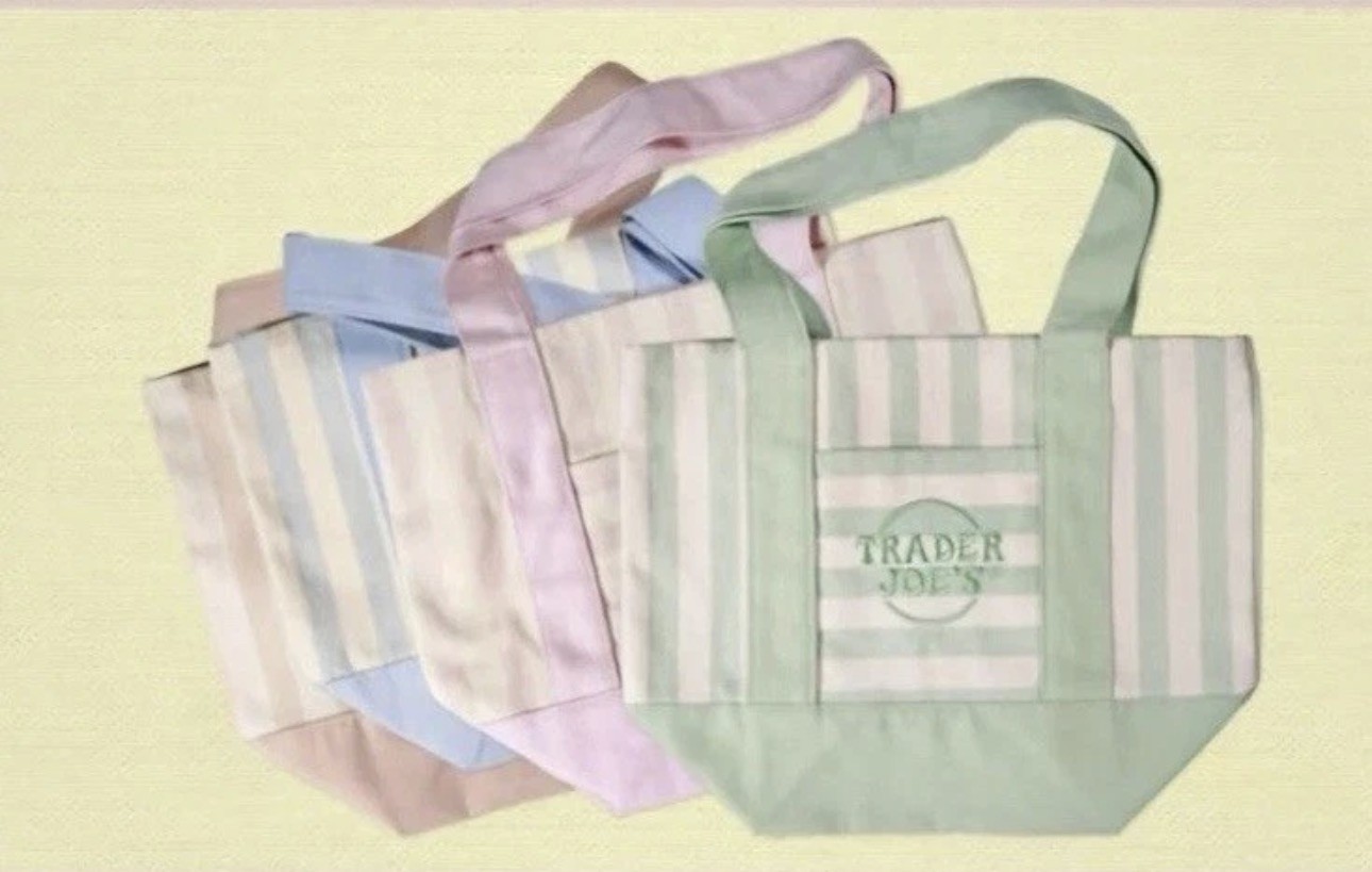 Set of 4! Trader Joe’s Canvas MINI Tote Bags PASTEL STRIPE Blue Green Pink Khaki