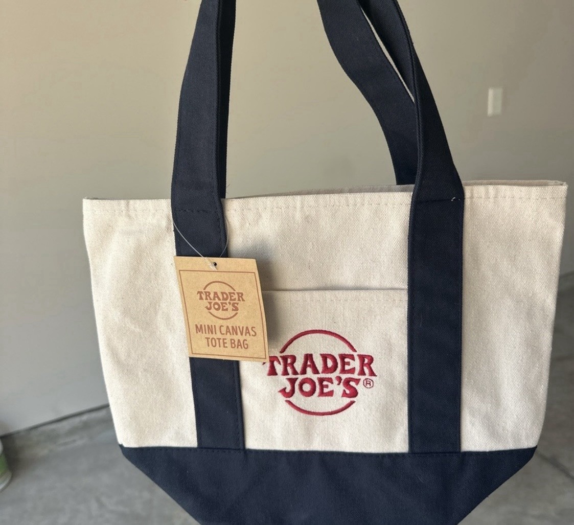 Trader Joe’s Mini Canvas Tote Bag Beige Navy Foldable Reusable Colour Block