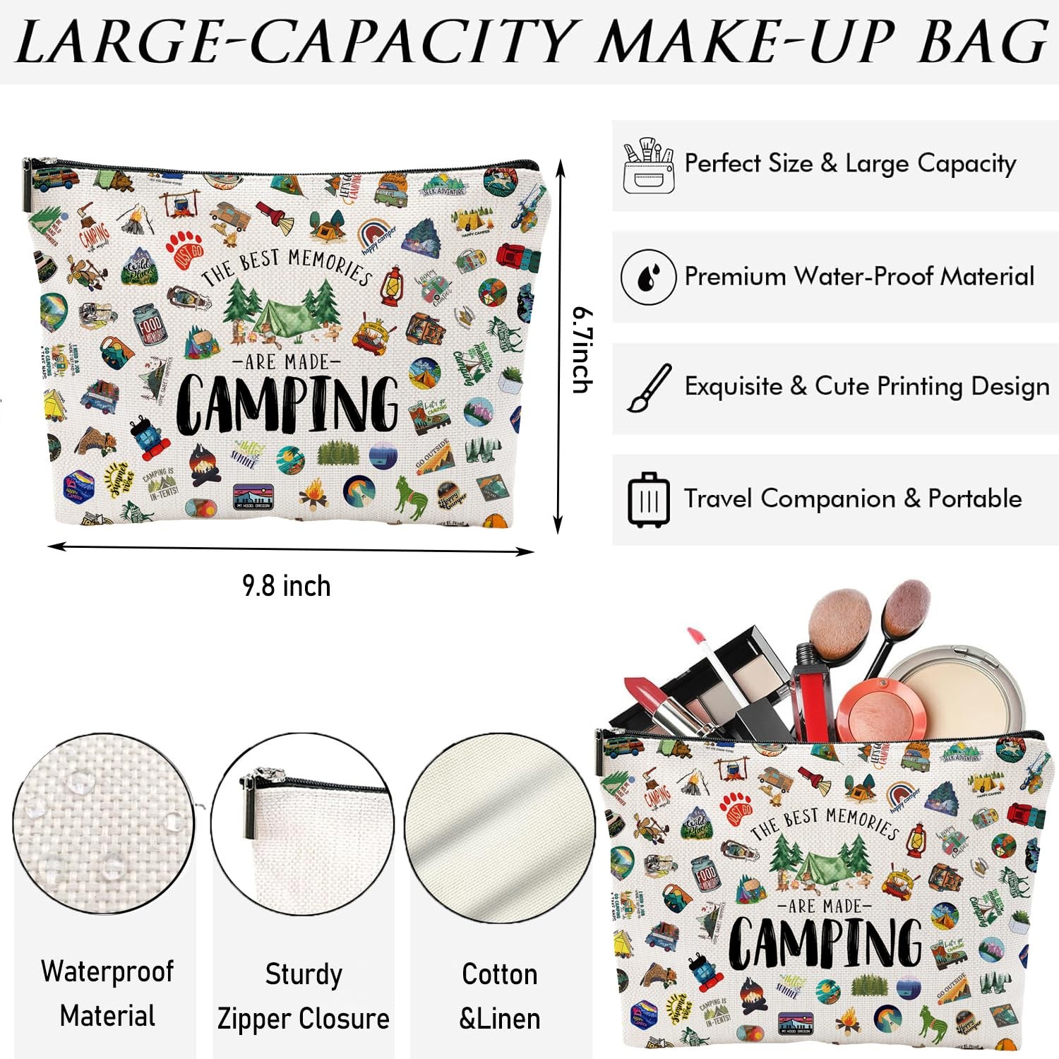 NONETH Camping Makeup Bag for Women, RV Owners, 9.8″ x 0.2″ x 6.7″, Beige