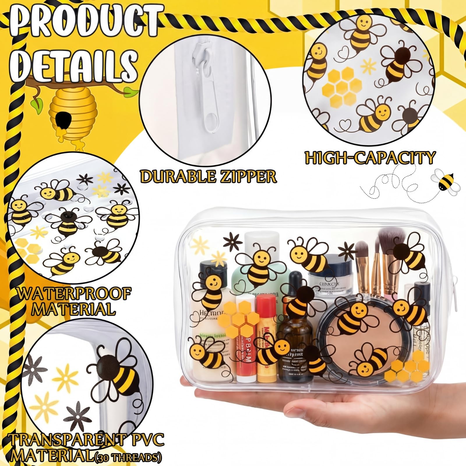 Sunnymove 6 Pcs Bee Cosmetic Bag 7.09 x 4.72 x 2.36 inches, clear