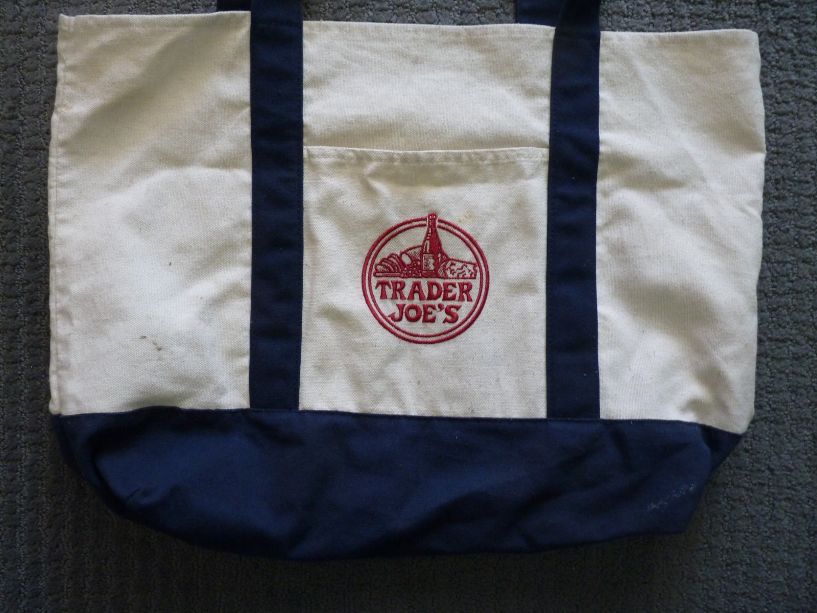 (2) Trader Joe’s Reusable Canvas Eco Tote Bag Blue White Red Logo