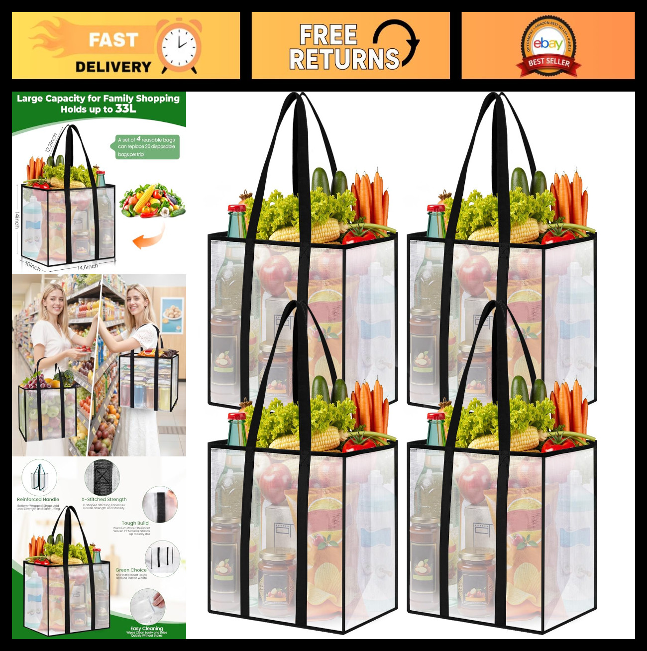 4 Pack Heavy-Duty Reusable Grocery Bags, Water-Resistant, Foldable, Multi-Purpos