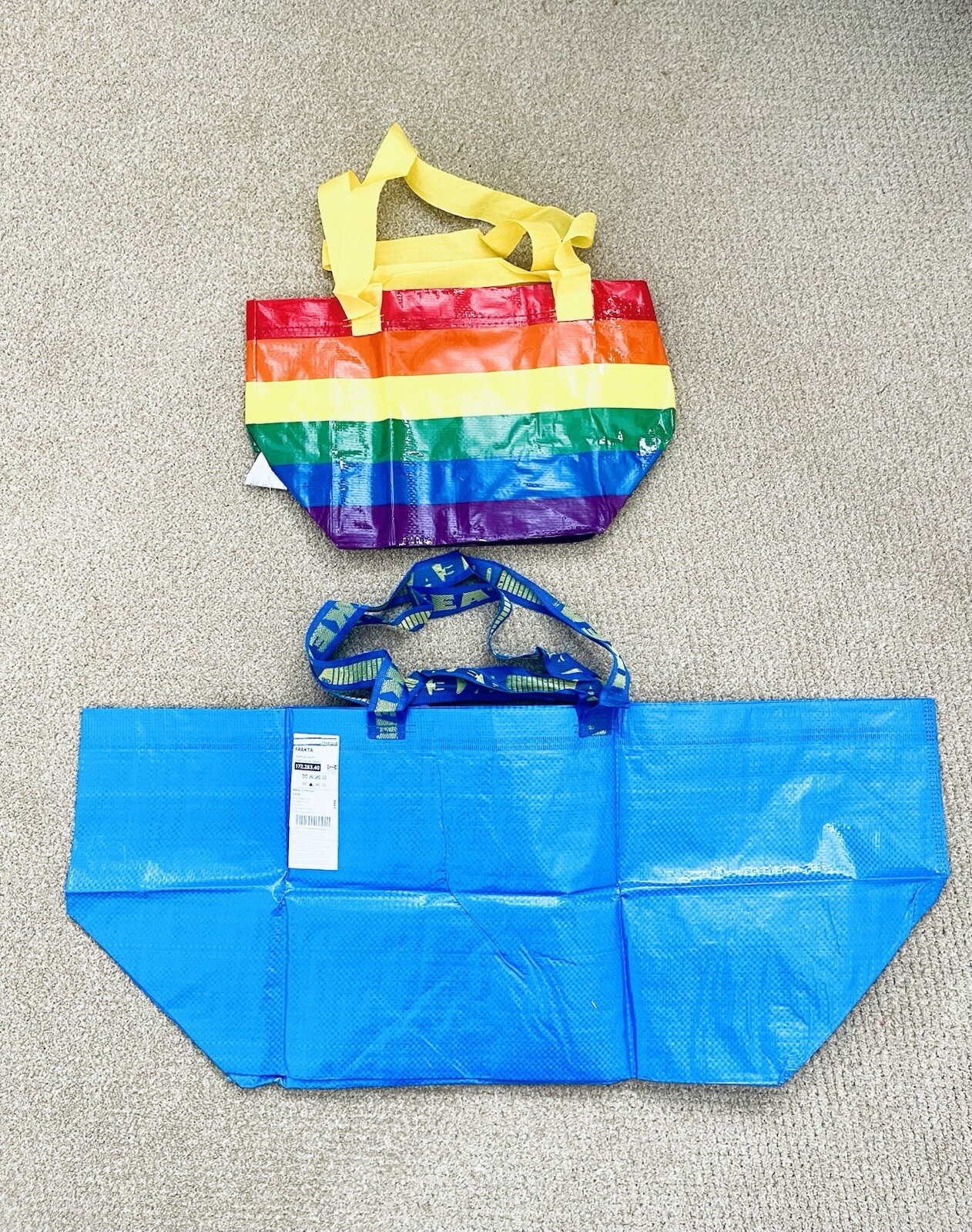 Lot of 2 Ikea bags: Rainbow Small (17″ L) and Fracta blue bag Large (35″ L)
