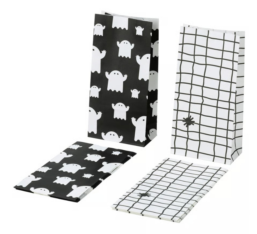 Pack of 12 IKEA KUSTFYR Halloween Paper Bag Mixed Patterns White / Black 12x24cm