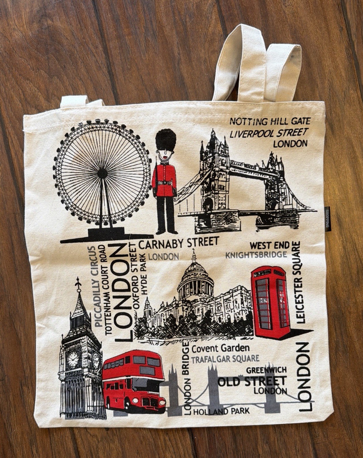 London Shopping Bag Reusable Tote 100% Cotton Red Black Beige Canvas