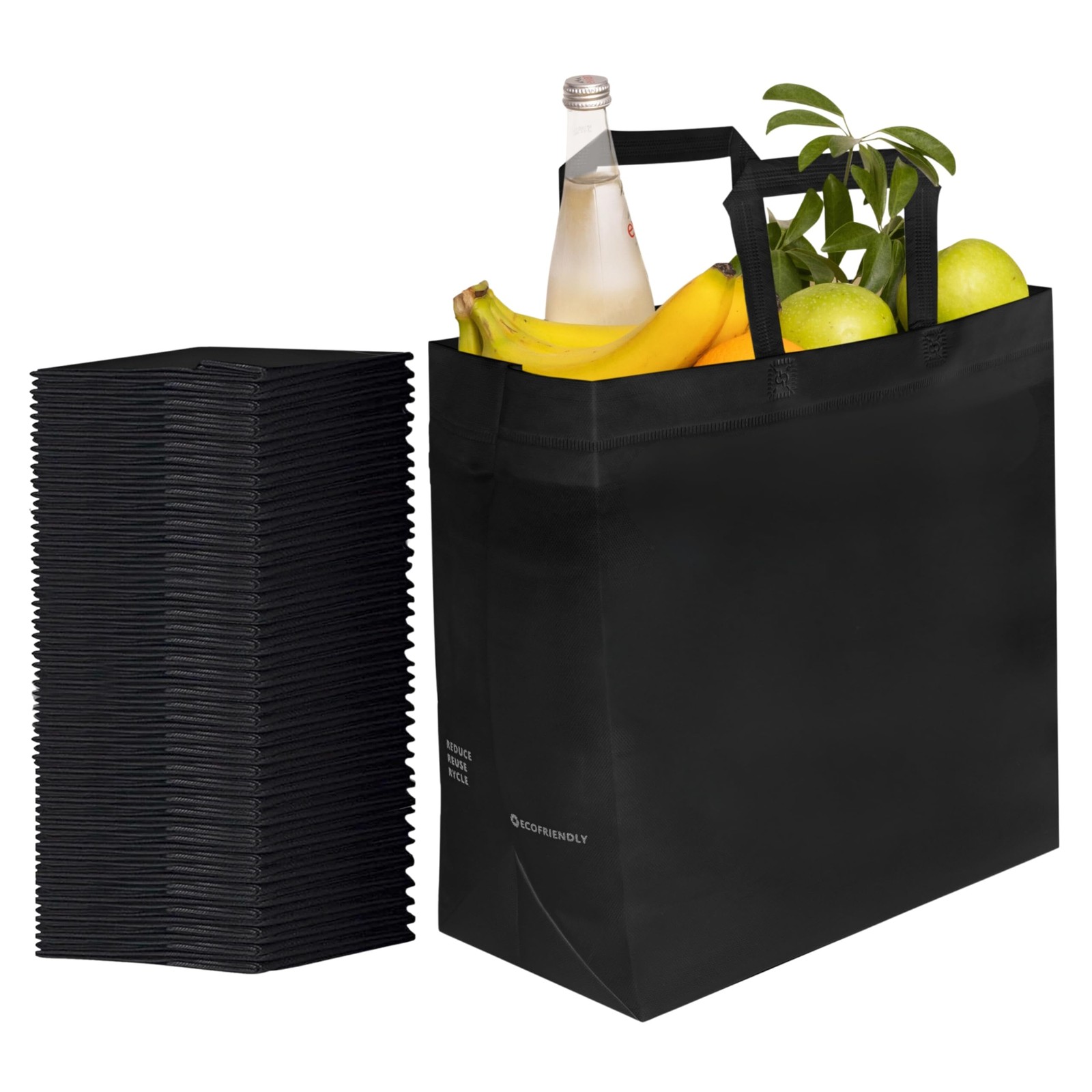 50 Pack Black Reusable Eco-Friendly Grocery Shopping Bags 12.6″x6.3″x11.8″ Du…