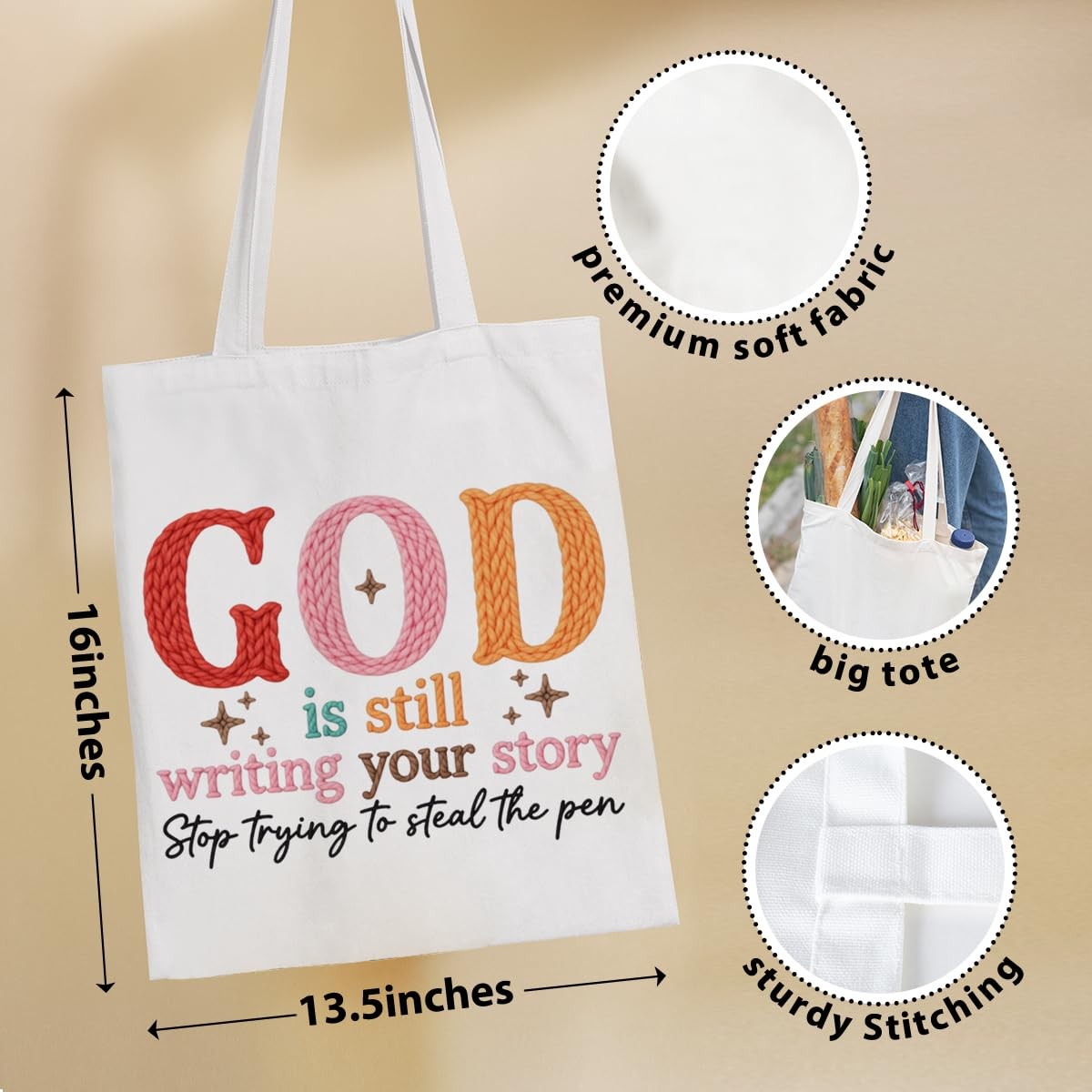 Boho Christian Canvas Tote Bag, Inspirational Religious Gifts for Aunt Grandm…
