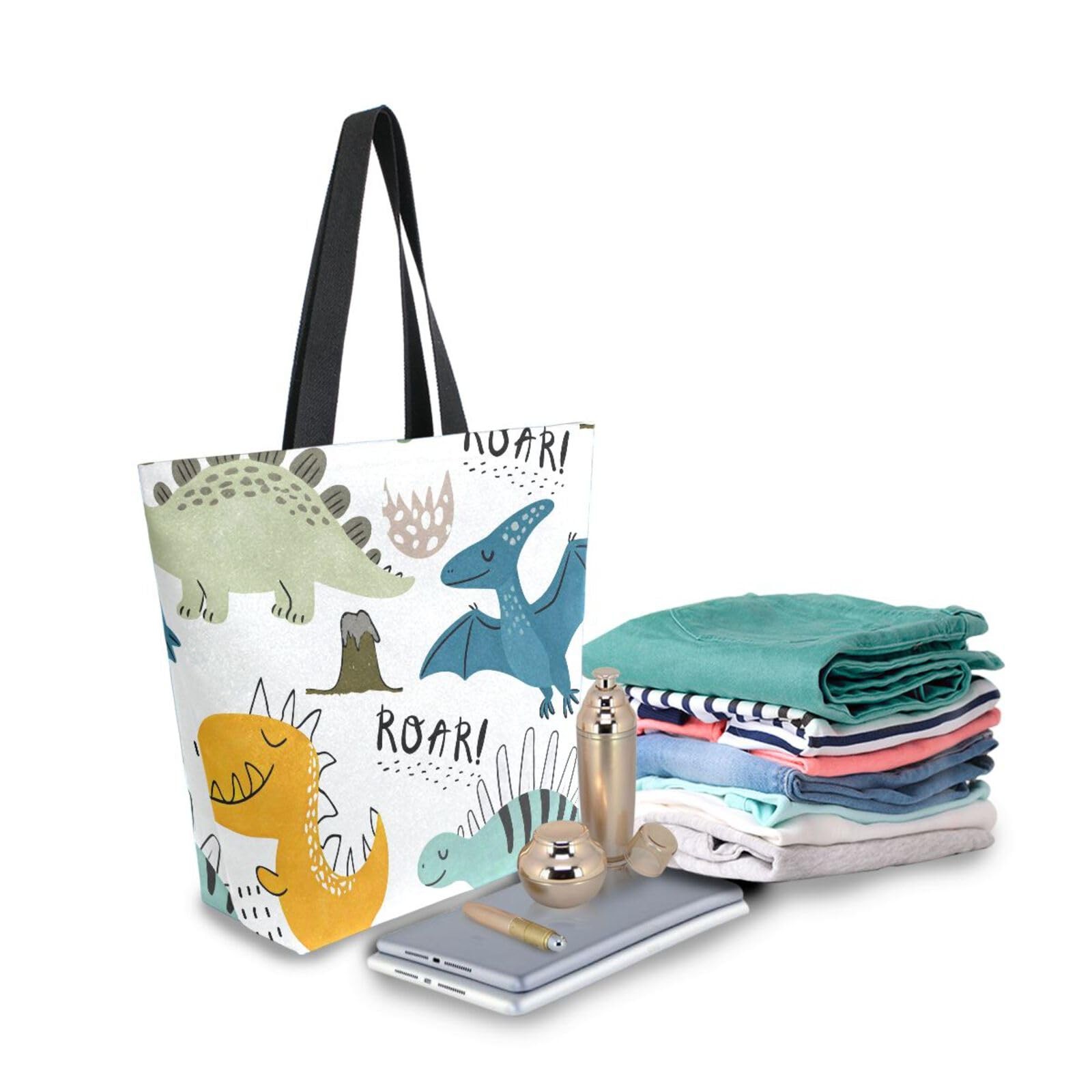 Dinosaur Canvas Tote Bag Large Women Casual Shoulder Bag Handbag, Reusable Sh…