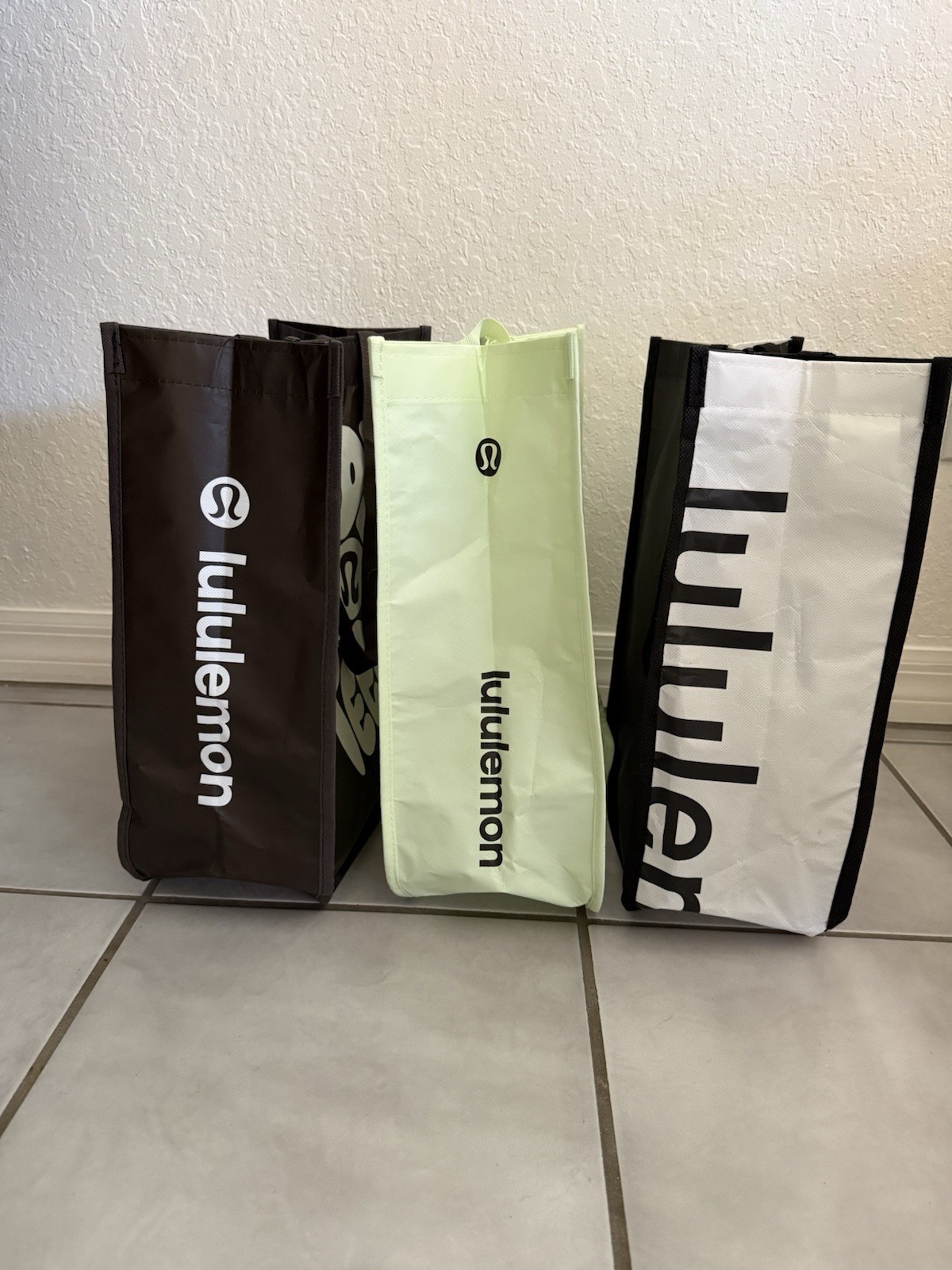Lululemon Reusable Shopping Bags Set of 3, Large 2 Black 1 Lime Green 16”x13”