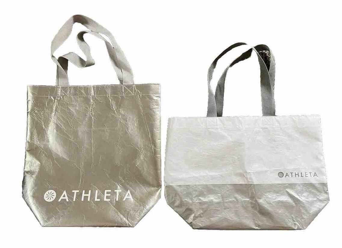 ATHLETA 2 Metallic Silver Tote Reusable Shopping Bags With Handles