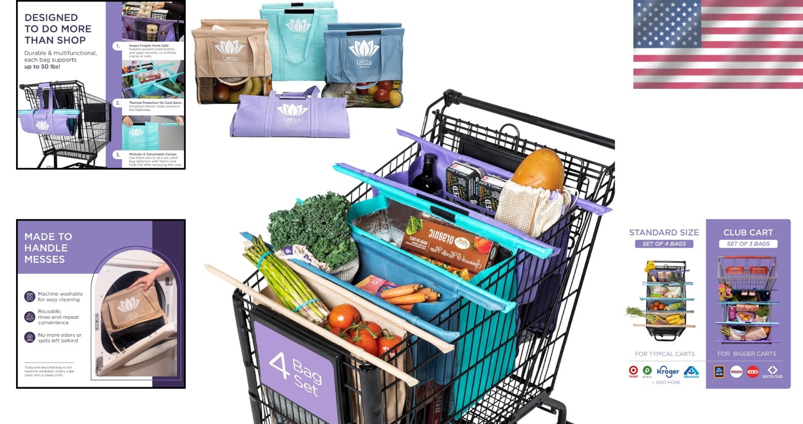 Lotus 4-Pack Trolley Bags: Insulated, Detachable & Eco-Friendly Grocery Totes