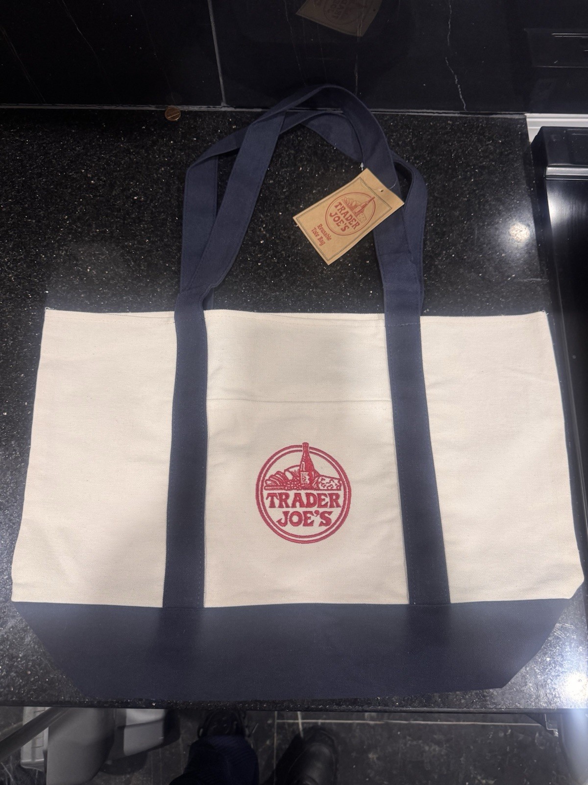 Trader Joe’s Foldable Canvas Tote Bag Beige Navy Blue Solid Reusable Shopping