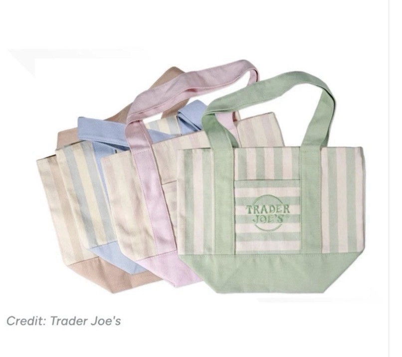 TRADER JOE’S MINI PASTEL STRIPE CANVAS TOTE BAGS SET Of 4 PINK BLUE GREEN BEIGE