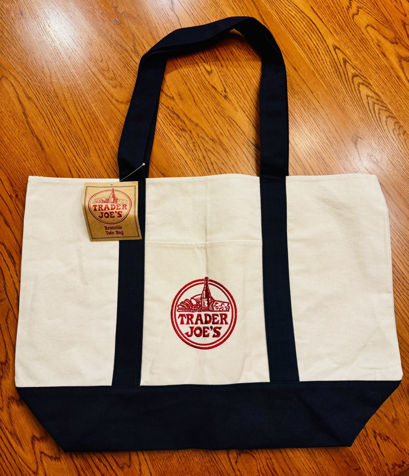 Trader Joe’s Large Canvas Tote Bag Reusable Grocery Cream Natural Red Logo NWT