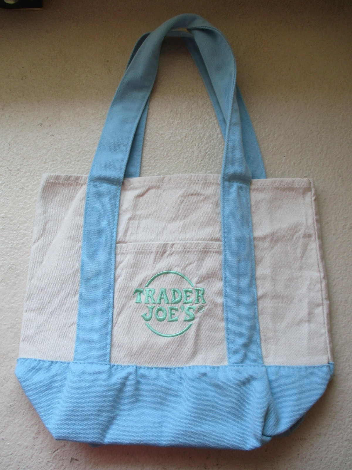 Trader Joes Mini Tote Bag White Canvas Pastel Blue Foldable Reusable Grocery