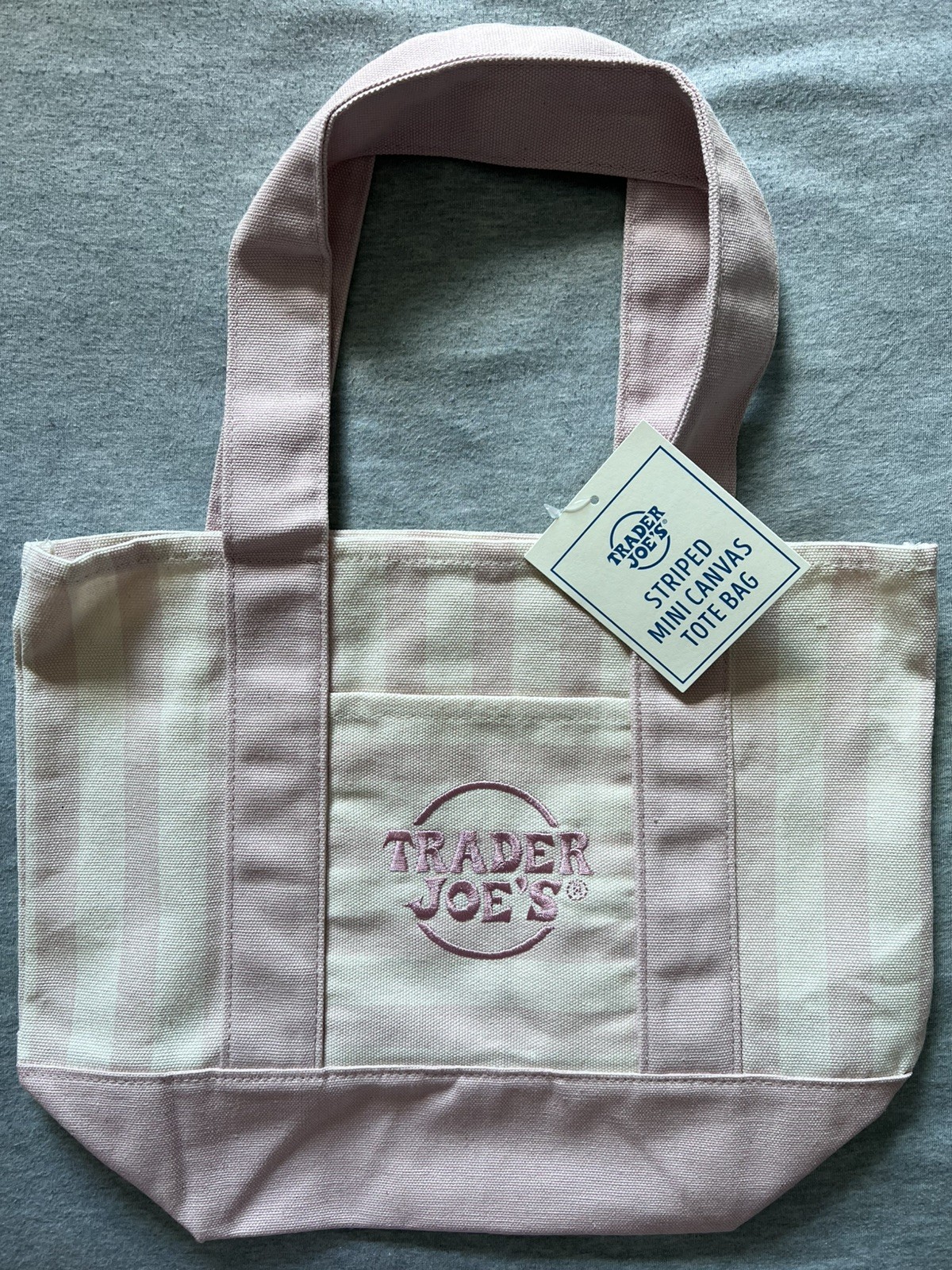 Trader Joe’s Striped Mini Canvas Reusable Tote Bag – Light Pink