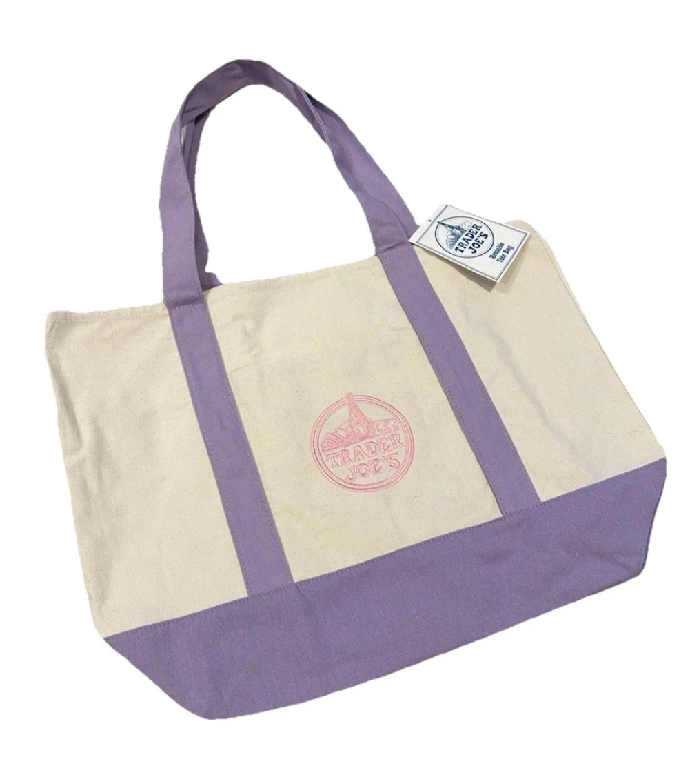 Trader Joe’s LARGE Reusable Heavy Canvas Shopping Bag, Off White & Lavender