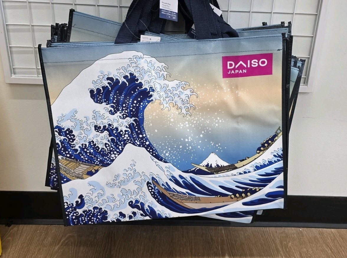 Daiso Japan Great Wave Tote Bag Blue Hokusai Art Print Reusable Shopping Bag
