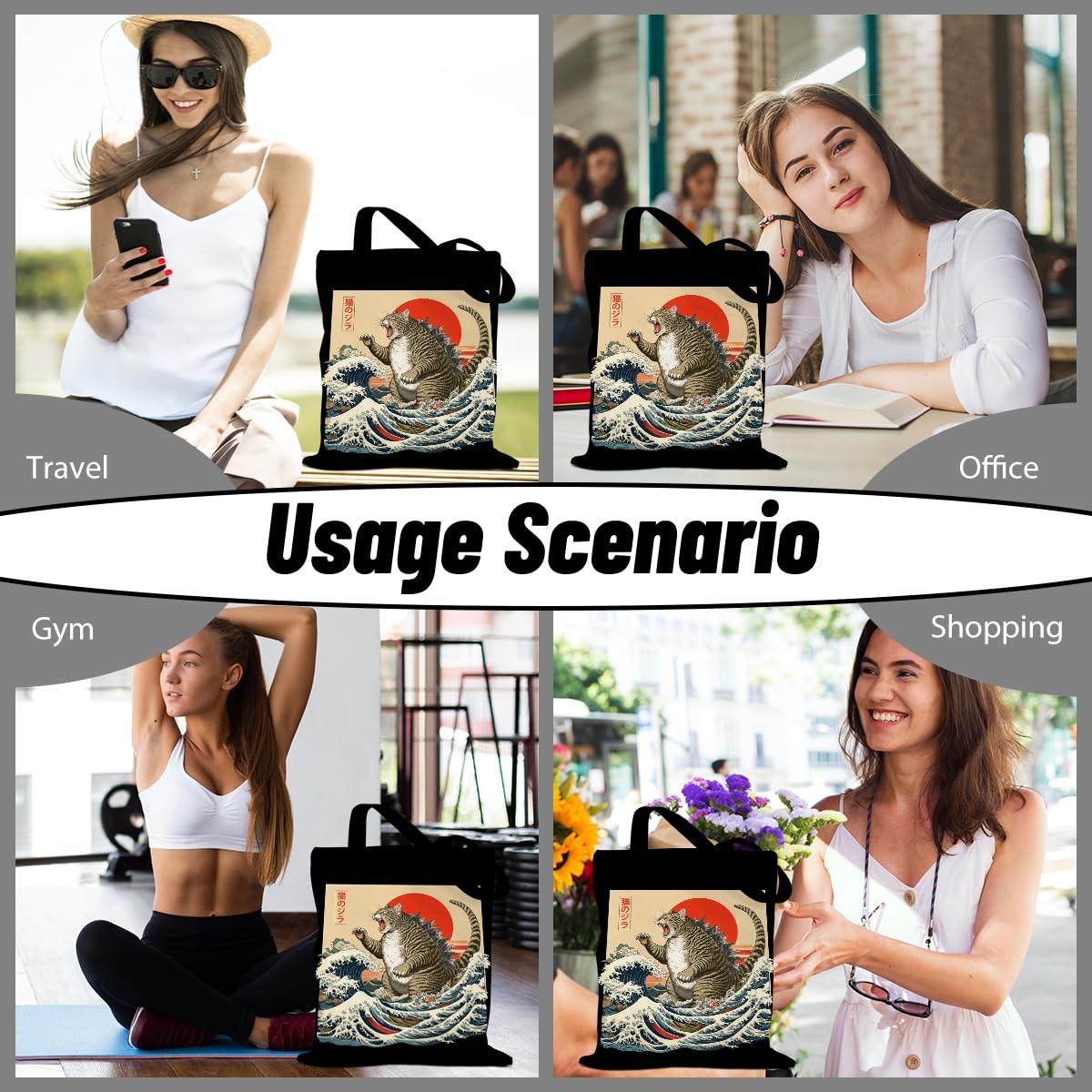 Catzilla Cat Tote Bag, Japanese Art Funny Cats in Waves Portable Travel Beach…