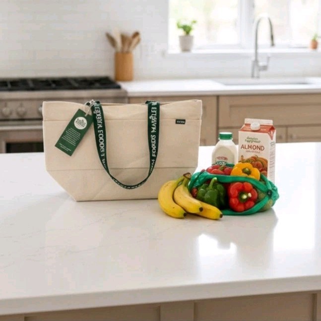 Whole Foods Market Canvas Reusable Foldable Shopping Bag Beige Snap Closure