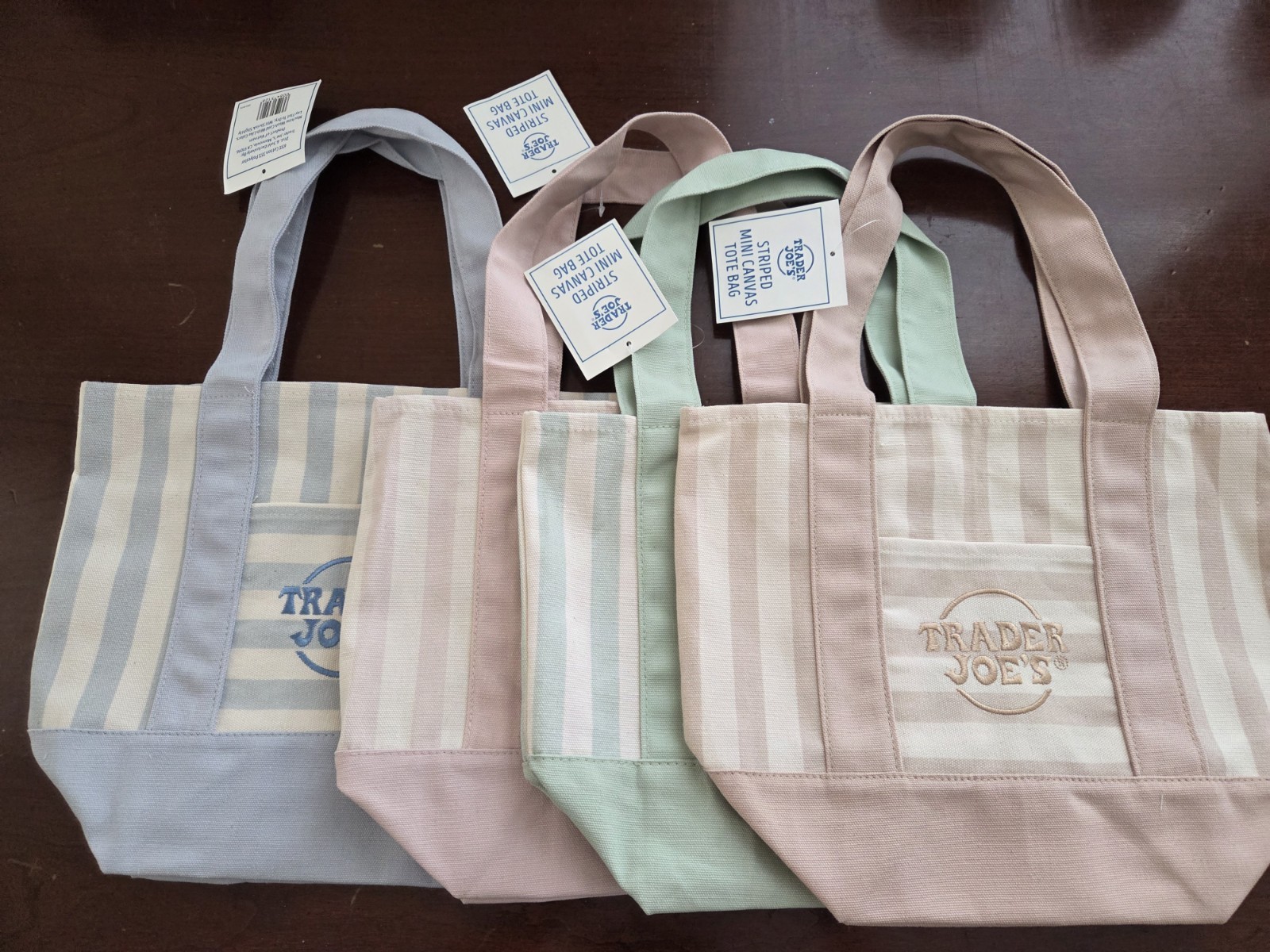 4 x TRADER JOE’S MINI STRIPED BAGS Beige, Blue, Rose & Green NWT