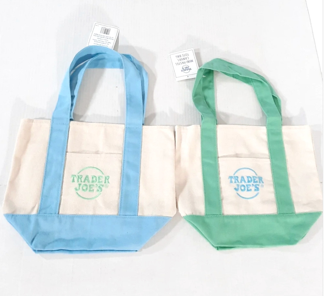 2026 Trader Joe’s Mini Pastel Canvas Tote Bag in 1 Green, 1 Blue NWT Set of 2