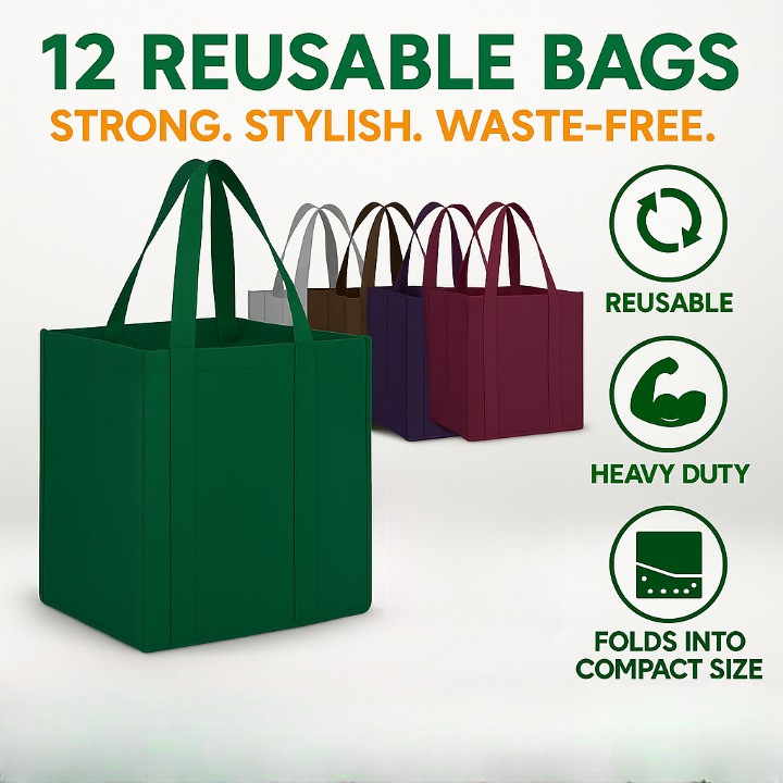 Reusable Grocery Bags 12 Pack Foldable Heavy Duty Shopping Totes with Handles