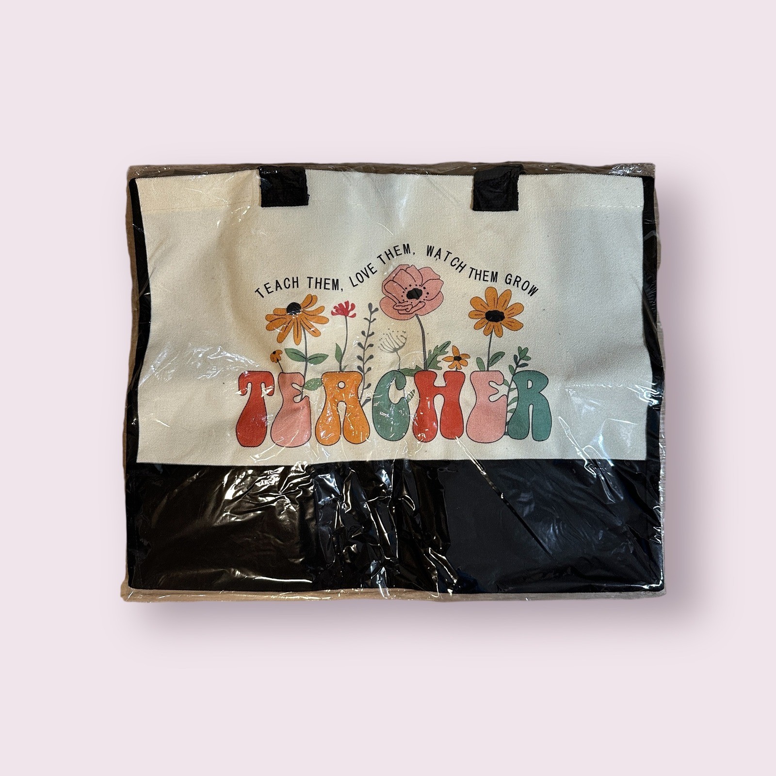 Teacher Tote Bag Floral “Teach Them Love Them Watch Them Grow” Graphic Canvas