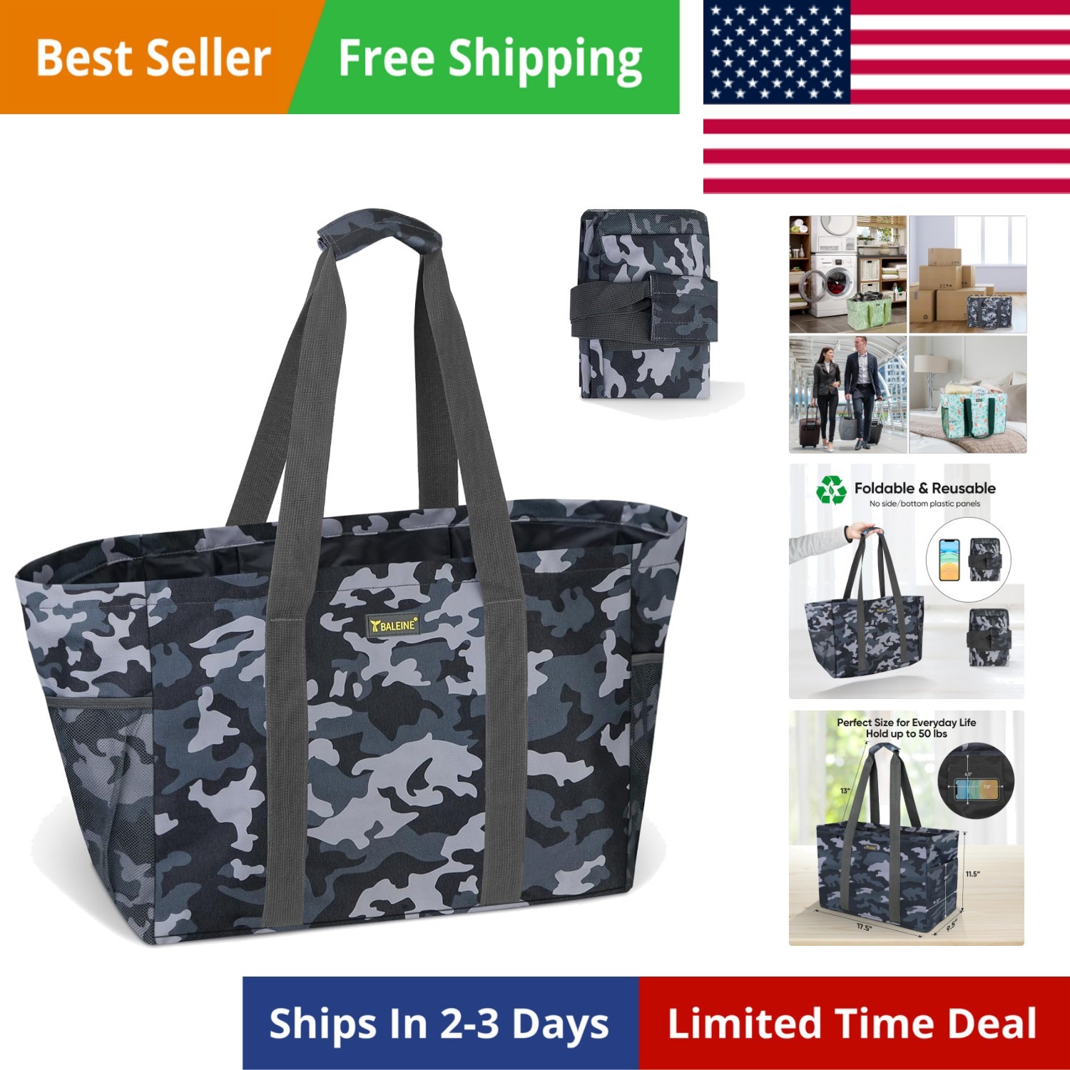 Soft 9 Gallon Extra Large Utility Tote, Foldable Reusable Storage Bag Grey Ca…