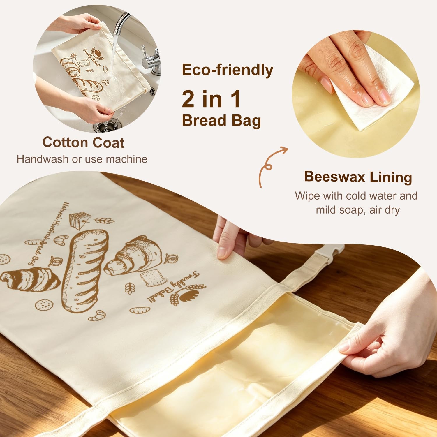 Beeswax Bread Bags 2 Pack Reusable Sourdough for Homemade, Large, Off-White
