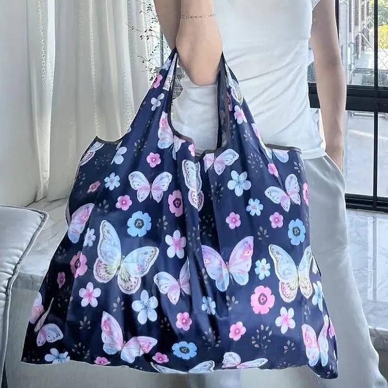 Portable Folding Shopping Bag Butterfly Flower Printing Grocery Bag Eco-friendly