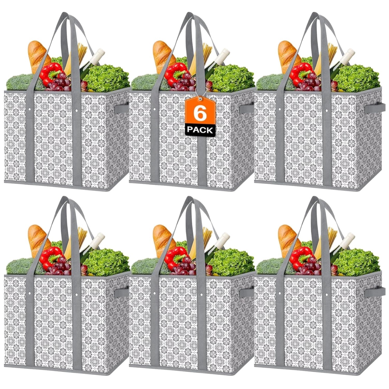 Stylish Reusable Grocery Bags, 6 Pack, Water Resistant, Grey